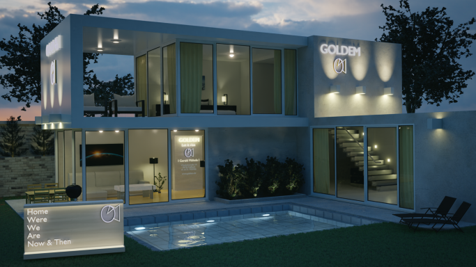 GOLDEM Virtual Home Modernes Haus mit Pool, großen Fenstern und begrünten Außenbereichen bei Abenddämmerung.
